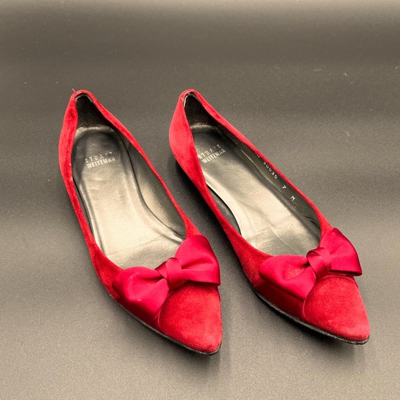 Stuart Weitzman Ballet Flats Womens 7M Ruby Red Suede Pointed Toe Bow Shoe - Picture 1 of 10
